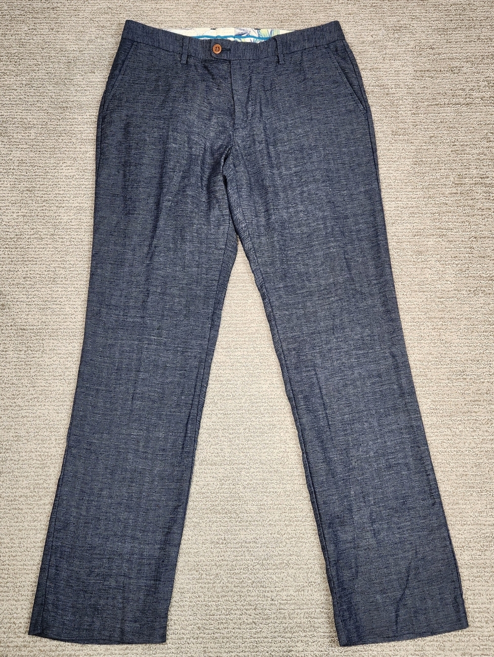 Tommy Bahama Linen Blend Pants Mens 34x34 Navy Blue Herringbone Flat Front Chino